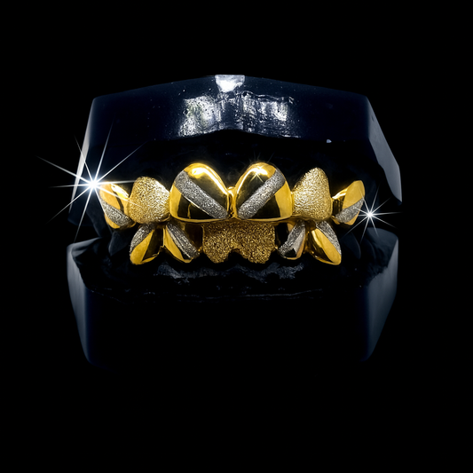 Two-Tone Diamond Dust & Cut Gold Grillz – Top & Bottom Set