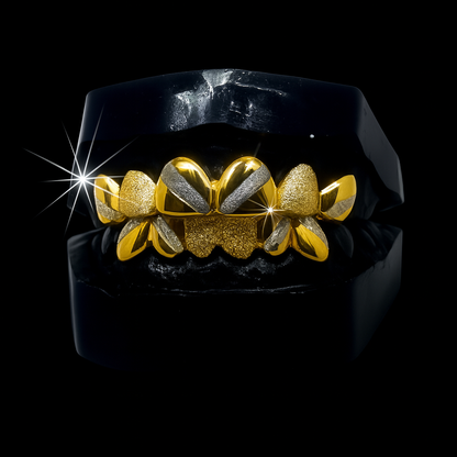 Two-Tone Diamond Dust & Cut Gold Grillz – Top & Bottom Set