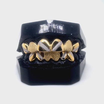 Two-Tone Diamond Dust & Cut Gold Grillz – Top & Bottom Set